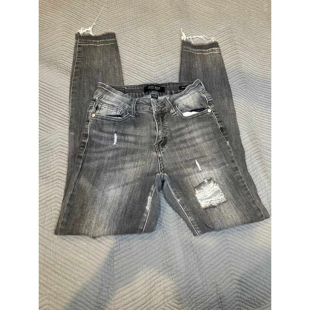 Judy Blue Womens Skinny Fit Distressed Gray Jeans Frayed Hem Size 1/25 Denim